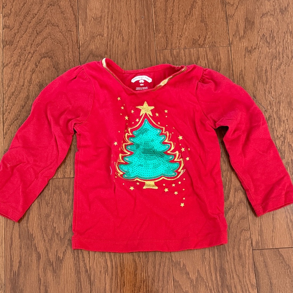 Holiday Time Red Long Sleeve Kids Tee with Christmas Tree